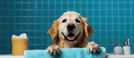 A canine in anticipation of a bath wearing a shower cap and equipped with bathing essentials