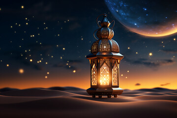 artwork with an Islamic lantern (fanous) elegantly placed at the corner of the picture. I'd like the lantern to be exquisitely detailed. - obrazy, fototapety, plakaty