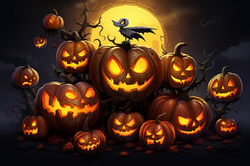 halloween illustration with big moon and halloween pumpkins, generative AI