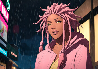 Fashionable young woman with pink dreadlocks hairstyle in the city.