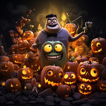 halloween colorful picture with pumpkins and monsters, generative AI
