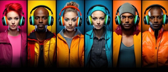 Collage Of Portraits Of Young People In Headphones Isolated Over Multicolored