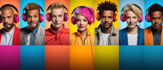 Obraz premium Collage Of Portraits Of Young People In Headphones Isolated Over Multicolored