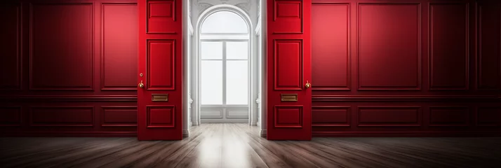 Fotobehang Schöne große Türe in rot mit weißen Fenster im Querformat als Banner, ai generativ © www.freund-foto.de