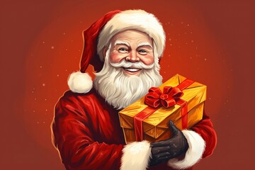 a santa claus carrying a sack of gifts, looking happy, on a one-color background, generative ai