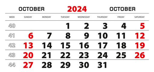 Wall calendar 2024 for october, week start from sunday.