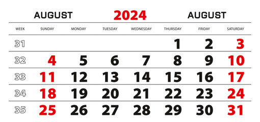 Wall calendar 2024 for august, week start from sunday. - obrazy, fototapety, plakaty
