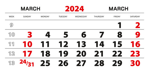 Wall calendar 2024 for march, week start from sunday.