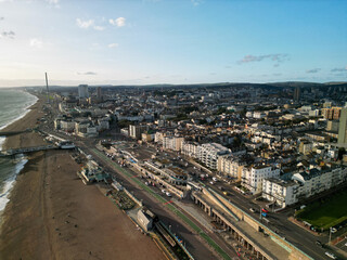 Obraz premium Brighton Sea front Beach early evening Aerial View Drone Shot