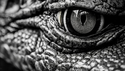 a black & white close shot, eye of an aligator