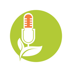 Podcast leaf nature ecology png logo design. Podcast talk show png logo with mic and leaves.	
