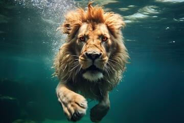 a lion jump into a water, underwater photography