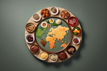 Diverse range of global cuisines. Top view of world map made of food ingredients and vegetables. World Food Concept with World Map Made of Fruits and Vegetables. 