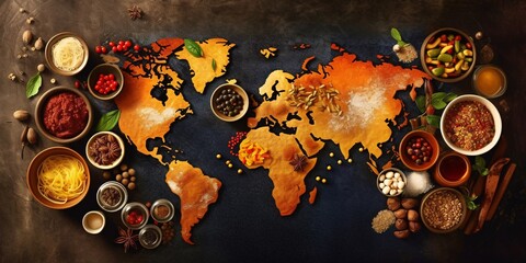 World map made of different spices and herbs on dark background, top view. Diverse range of global cuisines. - obrazy, fototapety, plakaty