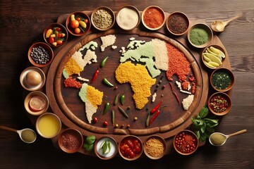 Fototapeta na wymiar World map made of different spices and herbs on dark background, top view. Diverse range of global cuisines.