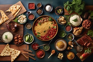 Diverse range of global cuisines. Top view of food ingredients and vegetables - obrazy, fototapety, plakaty