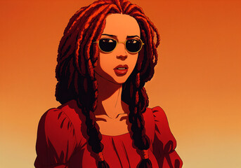 Portrait of a beautiful girl with dreadlocks in a red dress and wearing sunglasses.