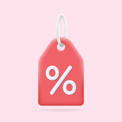 Discount tag with percent sign. 3d red price label for online shopping coupon, discount offer, promotion, sale, clearance, special deal concept. Isolated vector illustration