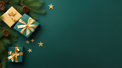 Christmas gifts pine cones and fir branches on a green background, Christmas banner, Christmas sale, Generative AI
