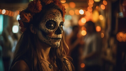 Woman Celebrating Dia de los Muertos with Floral Adornment
