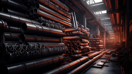 Warehouse for the production of steel iron pipes. Generation AI