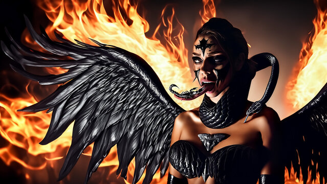 evil female demon with wings floating in the fire