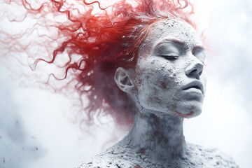 Woman with red hair covered in white Holi powder