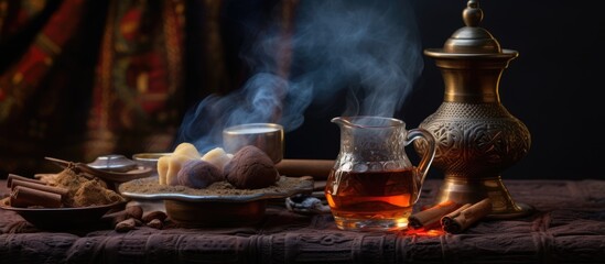 Traditional Arabian hospitality with a table of Arabian coffee and oud