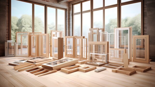 Production of wooden windows. AI Generation