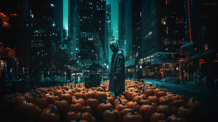 Enigmatic Figure in Pumpkin-Filled Urban Nightscape
