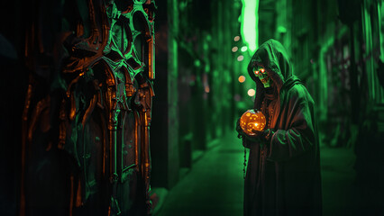 Enigmatic Green Goblin with Glowing Pumpkin in Green-Lit Urban Alley Standing in Front of a Dark Evil Skull Door