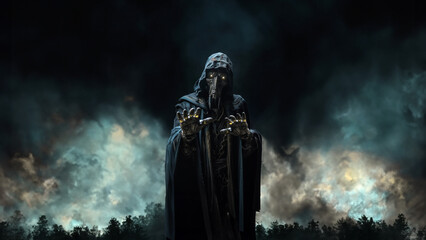 Dark Sorcerer Emerging from Stormy Cloudy Night