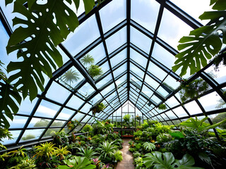Evergreen Paradise: Serene Glass Greenhouse with Tropical Flora Underneath. generative AI