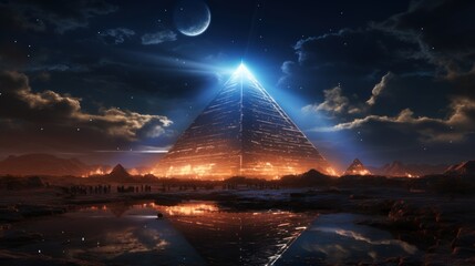 Ancient wisdom: mystical pyramids emitting light. The mystery of knowledge.