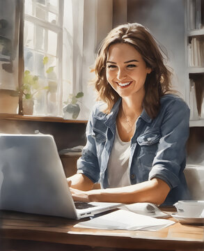 Watercolor Illustration of a Joyful Young Woman Working with Laptop in Office. generative AI