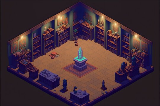 an interior full of treasure ancient statues museum artifacts in top down straight orthographic view pixel art game slye stardew valley style gameboy pokemon style eastward style 