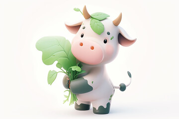 3d character image, Cute cow holding grass, white background, clay material