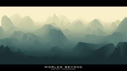 Abstract green landscape with misty fog till horizon over mountain slopes. Gradient eroded terrain surface. Worlds beyond. - obrazy, fototapety, plakaty