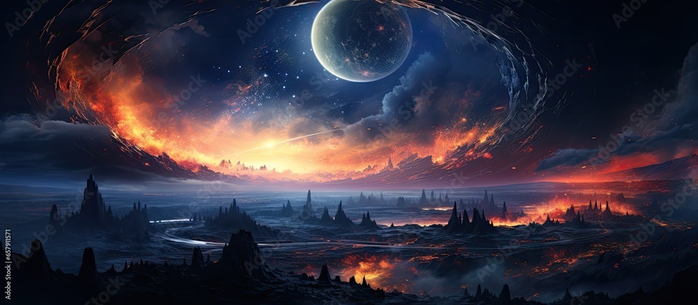 Canvas Prints digital painting of a surreal colorful eclipse in space within a fantasy landscape