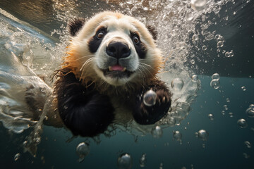 a panda jump into a water, underwater photography