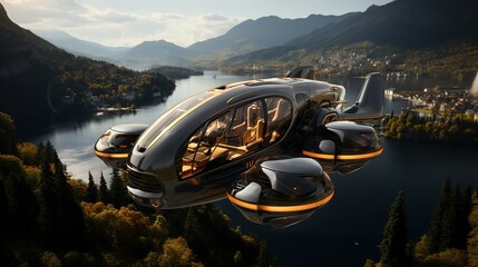 Modern futuristic air taxi. Future urban mobility
