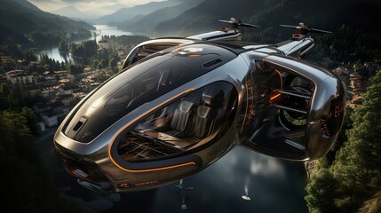 Modern futuristic air taxi. Future urban mobility