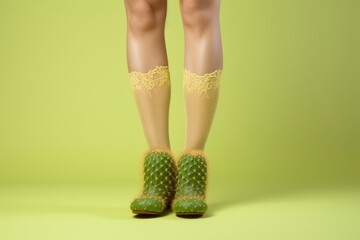 Female legs in yellow stockings and shoes made of cactus plants . Green background with copy space. Humorous minimal concept of uncomfortable shoes, creative fashion footwear parody - obrazy, fototapety, plakaty