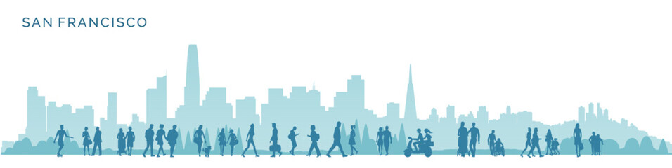 Vector illustration of San Francisco and people silhouettes, moving human figures with city background.