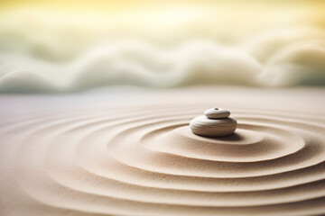 Fototapeta na wymiar zen garden meditation stone in sand and wave background