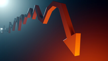 3d render of a trending line moving away from a bright area and now pointing down with arrow progressing toward red. © Peter Hansen