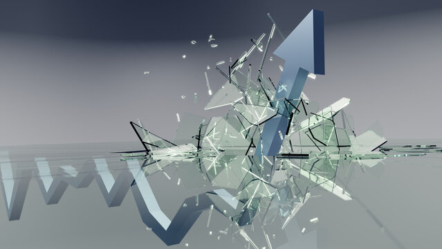 3d render of a line graph with end arrow protruding through broken glass, signifying a record high values.