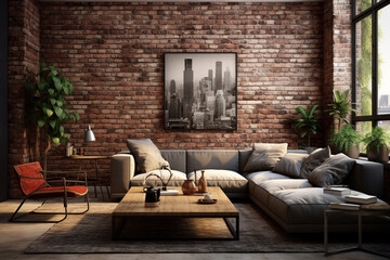 Modern design of a brick walled interior living room