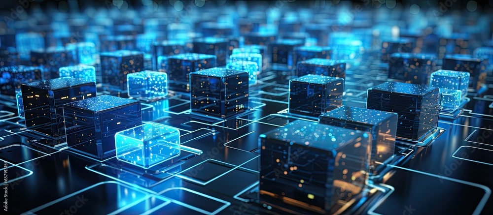 Poster cryptocurrency blockchain depicted visually with interconnected data blocks and data transfer in fut