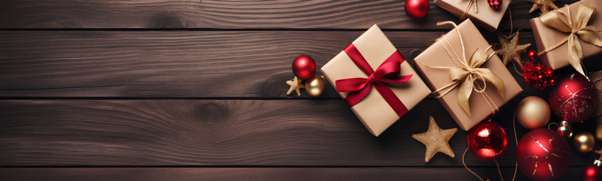 Festive Christmas and New Year background. Gifts on plain background top view. Flat design.